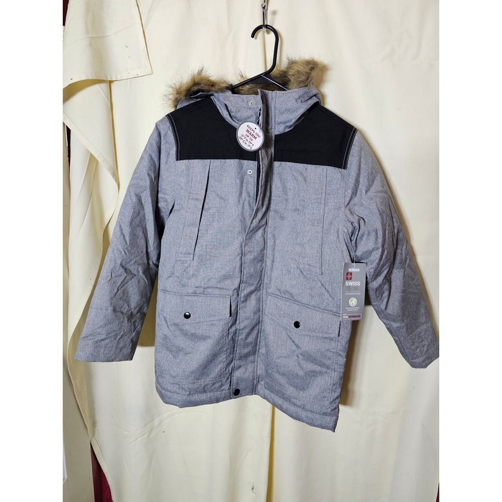 Swiss Tech Boys Gray Parka Jacket Faux Fur Hood Water Resistant Size L 10-12